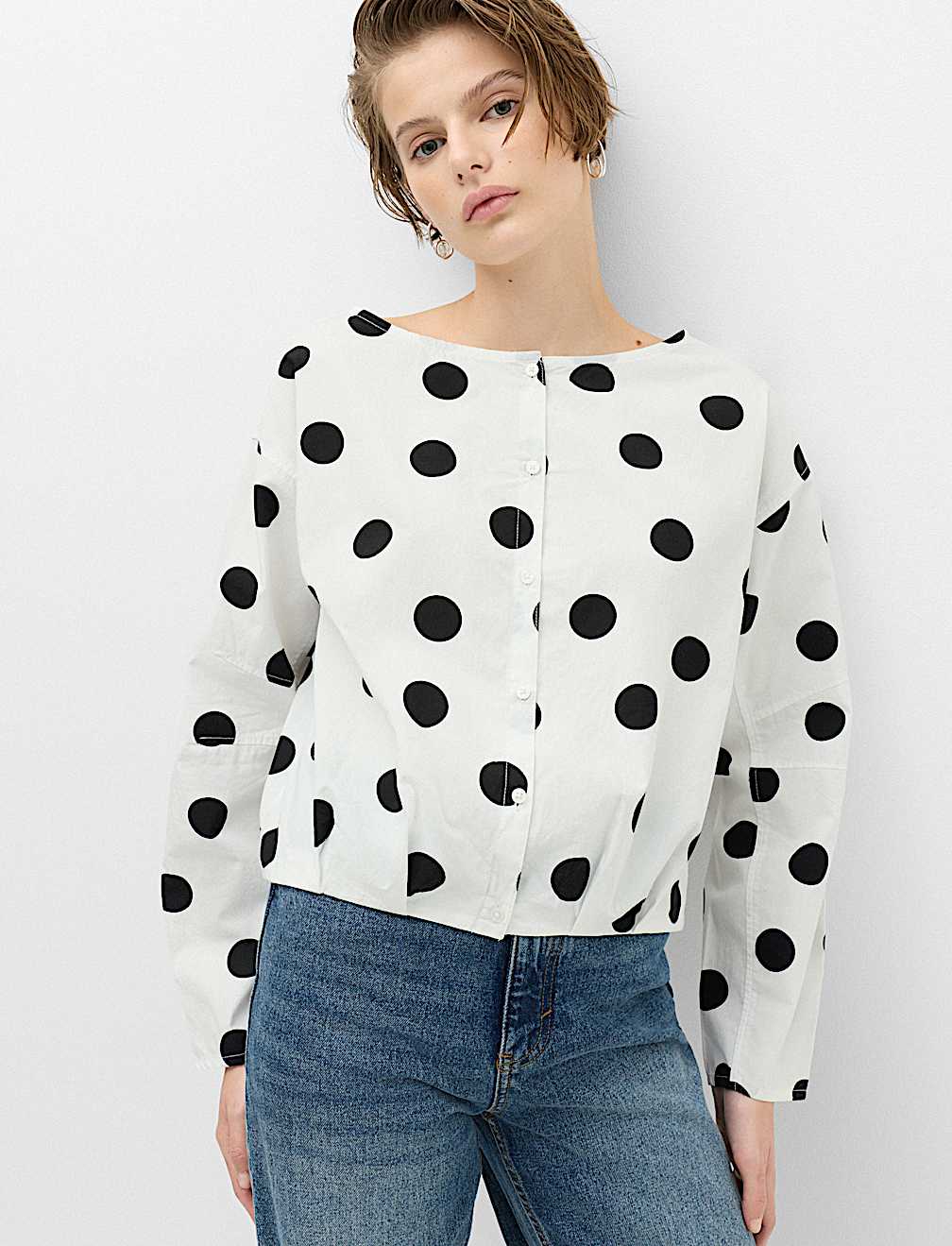 Pure Cotton Polka Dot Barrel Sleeve Blouse