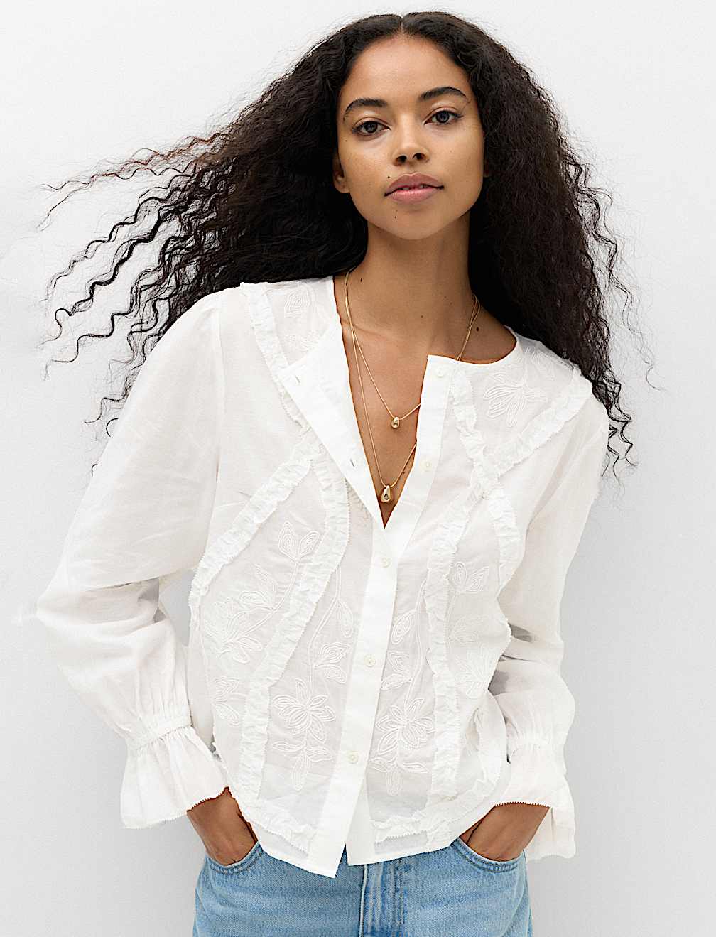 Cotton Rich Embroidered Ruffle Detail Top