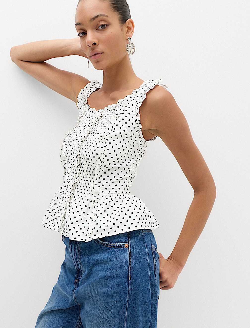 Pure Cotton Polka Dot Ruffle Detail Peplum Top