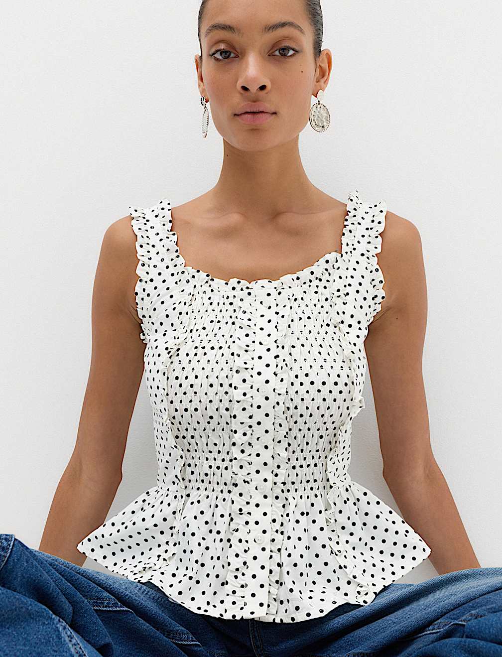Pure Cotton Polka Dot Ruffle Detail Peplum Top
