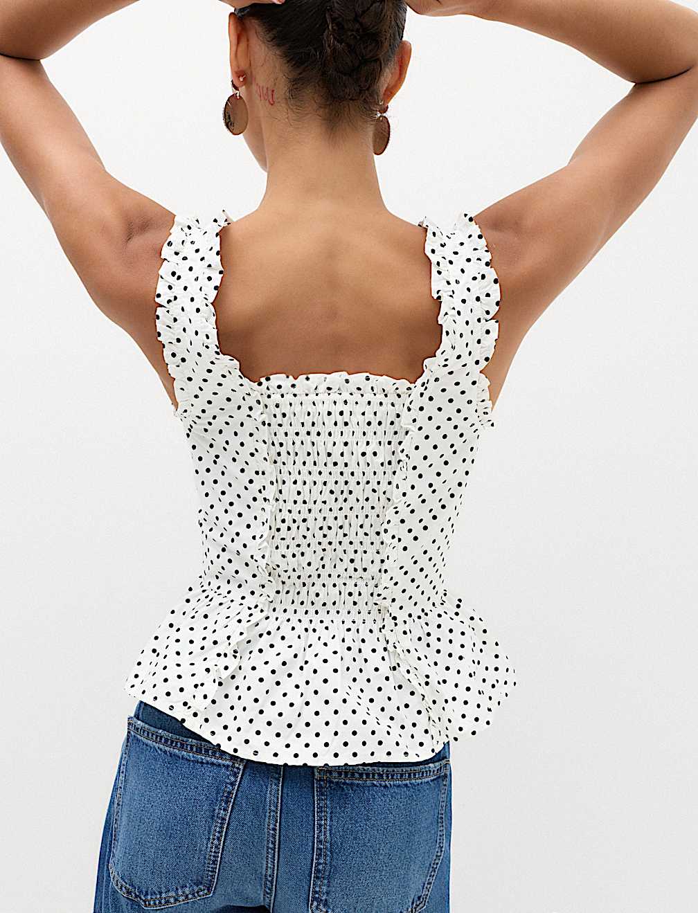 Pure Cotton Polka Dot Ruffle Detail Peplum Top