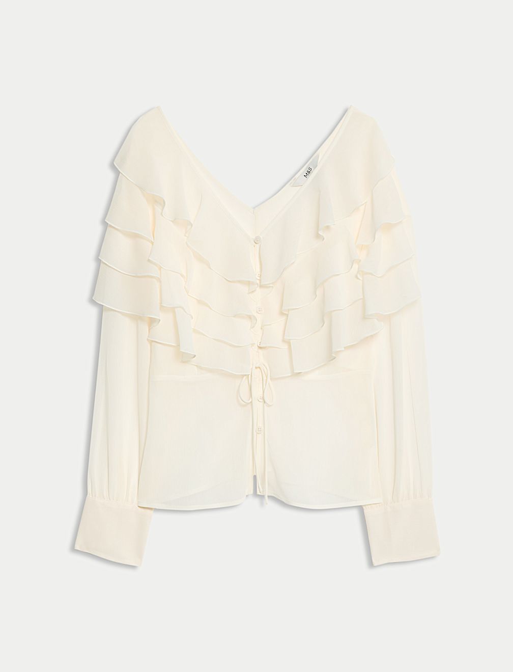 V-Neck Ruffle Tie Detail Button Through Blouse