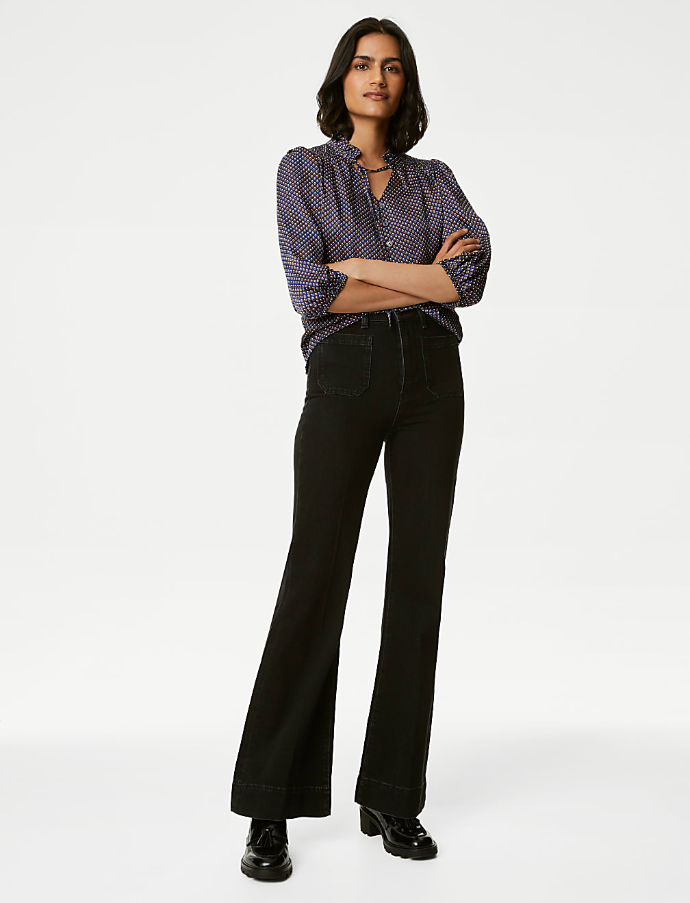 Printed Frill Neck Tie Front Popover Blouse