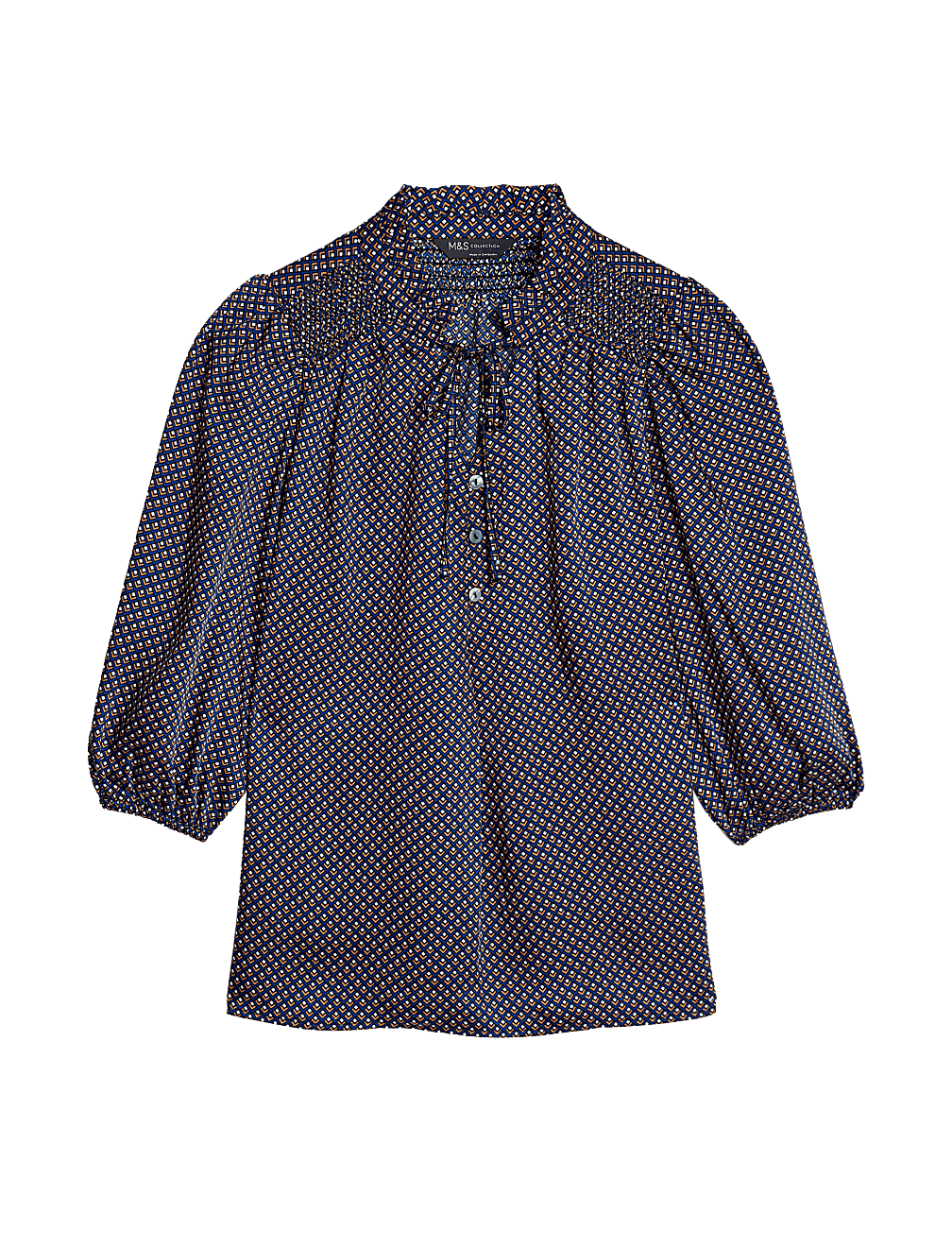 Printed Frill Neck Tie Front Popover Blouse