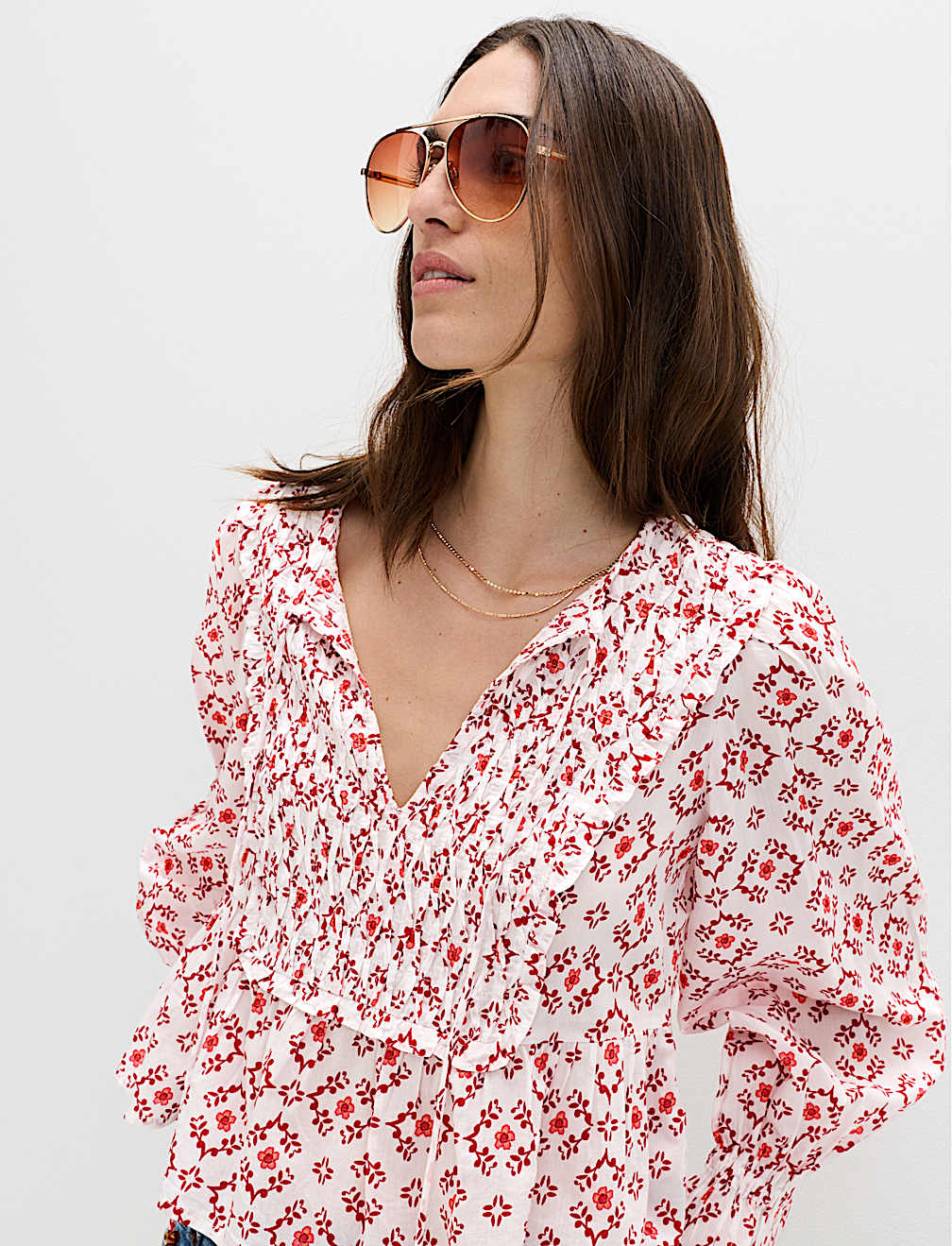 Cotton Rich Tie Neck Puff Sleeve Blouse