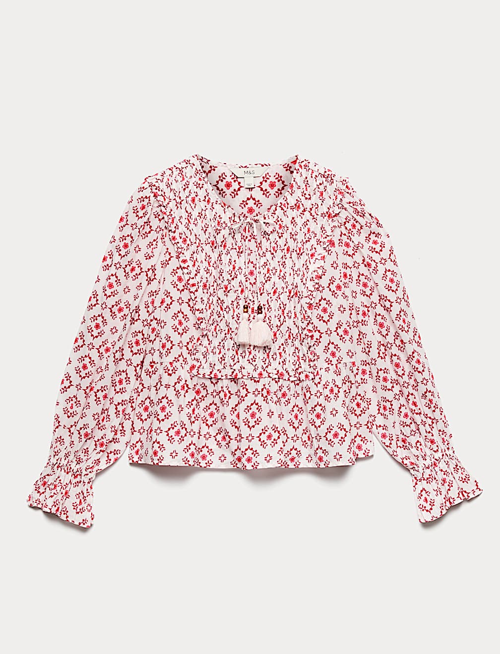 Cotton Rich Tie Neck Puff Sleeve Blouse