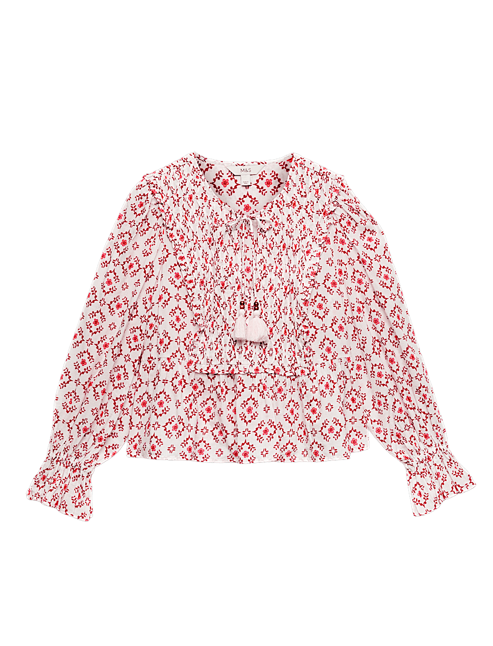 Cotton Rich Tie Neck Puff Sleeve Blouse