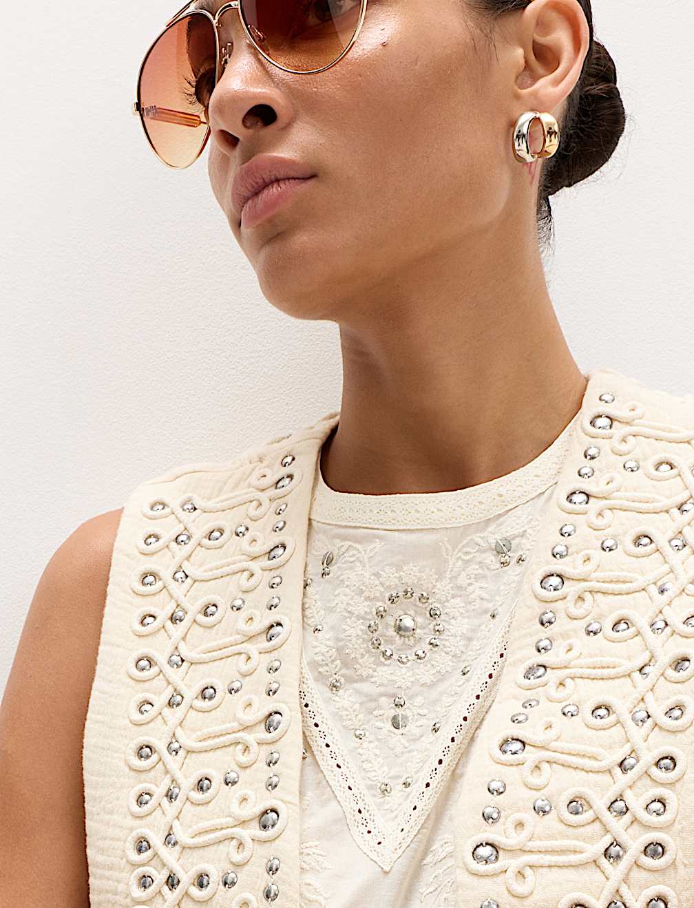 Pure Cotton Studded Embroidered Lace Trim Top