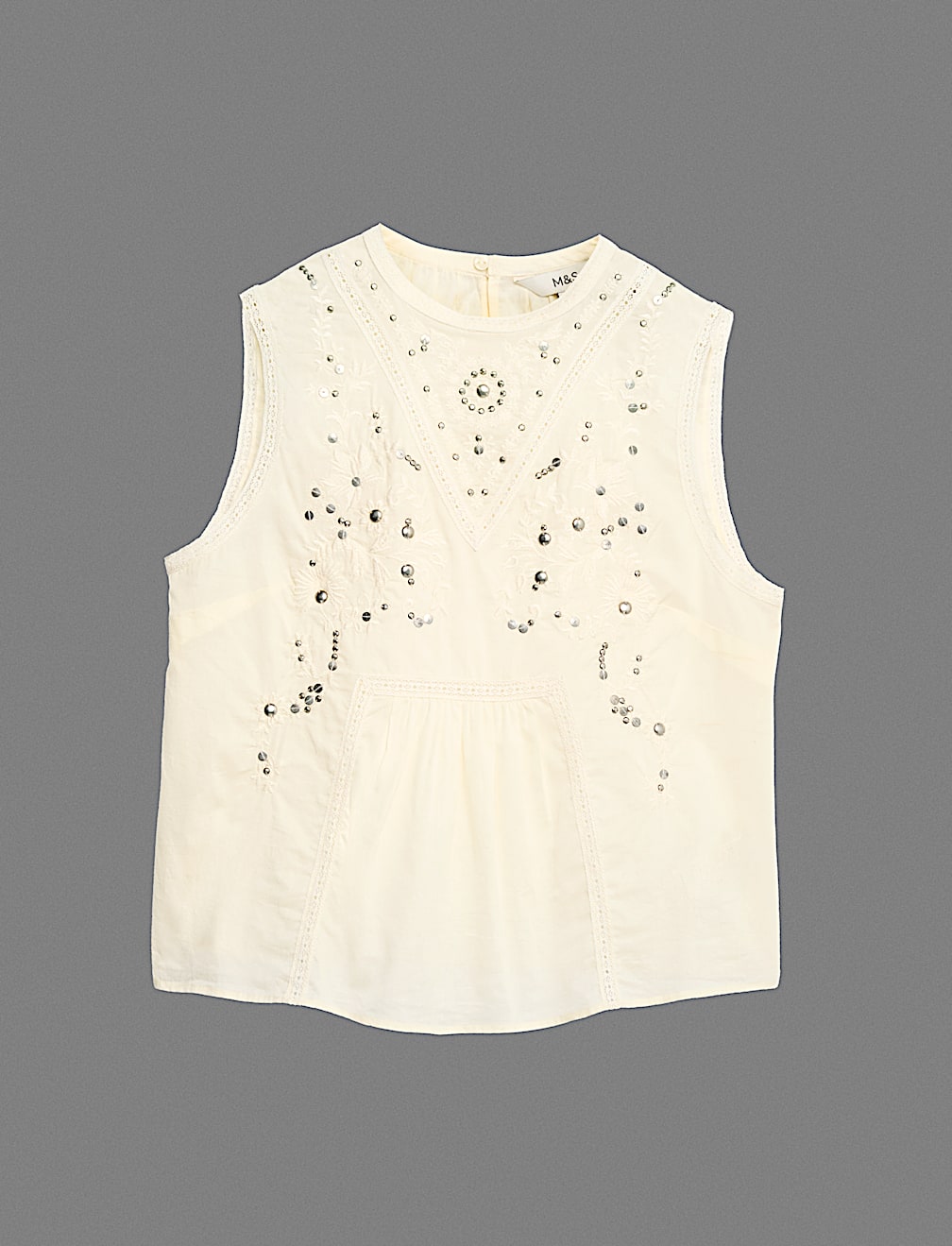 Pure Cotton Studded Embroidered Lace Trim Top