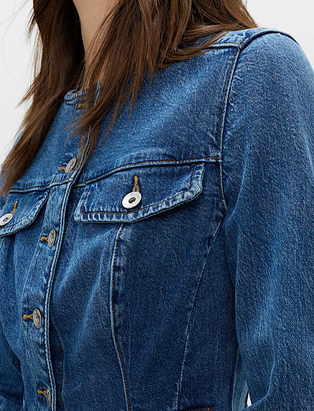 Denim Collarless Fitted Utility Jacket