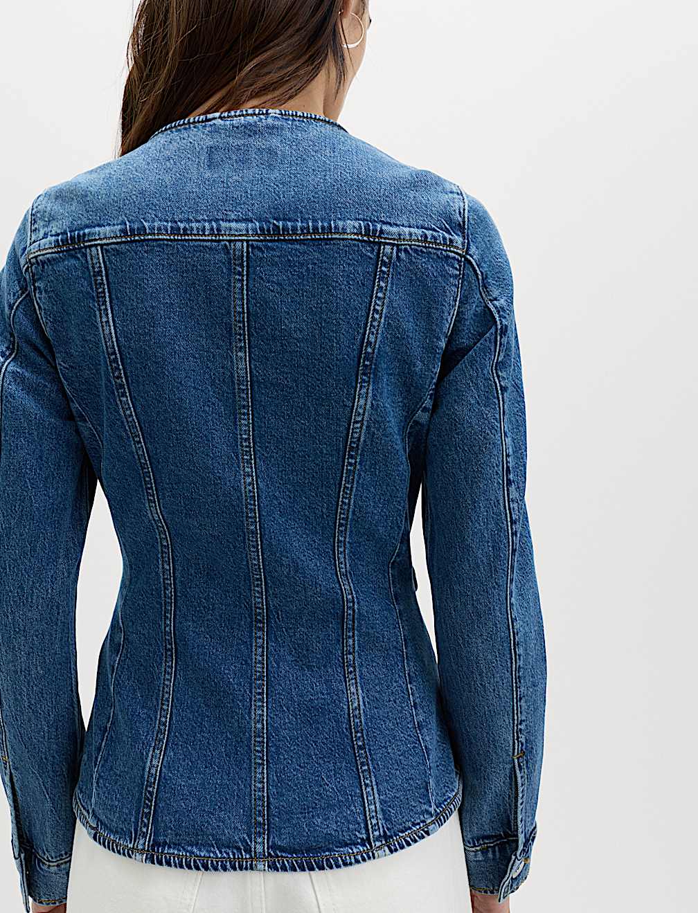 Denim Collarless Fitted Utility Jacket