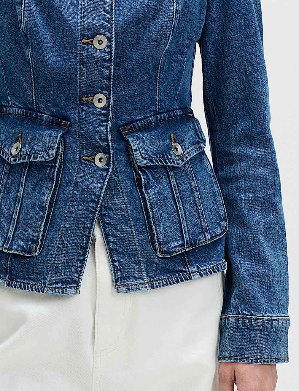 Denim Collarless Fitted Utility Jacket