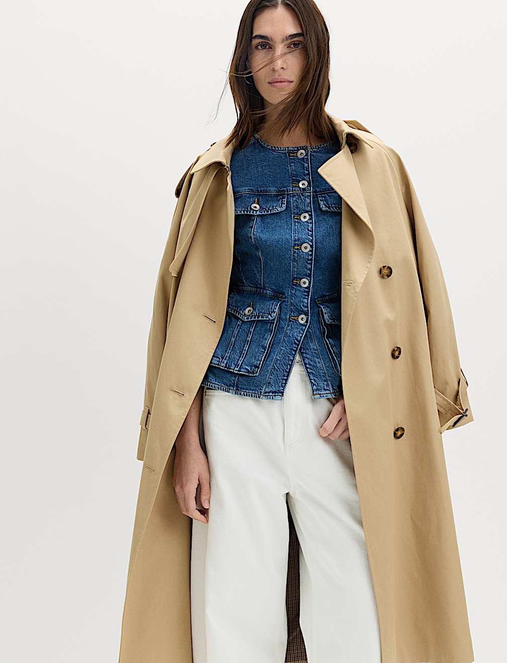 Denim Collarless Fitted Utility Jacket