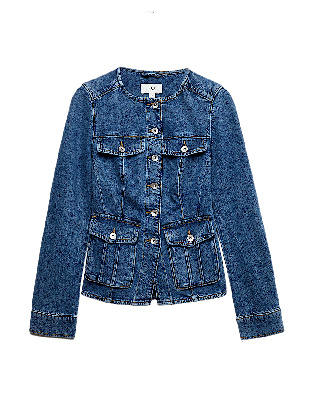 Denim Collarless Fitted Utility Jacket