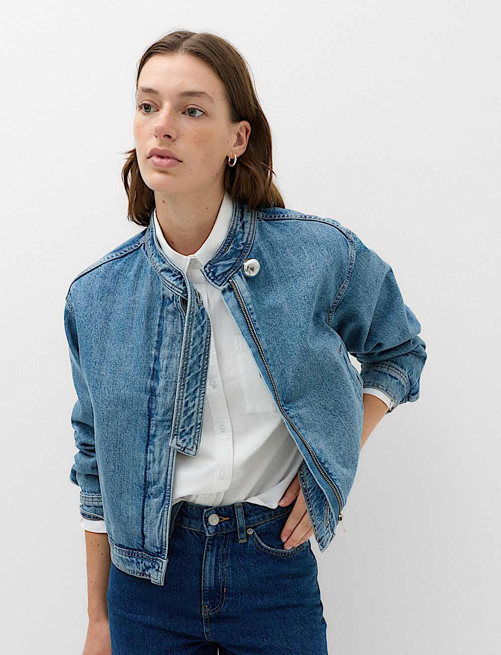 Denim Funnel Neck Short Jacket