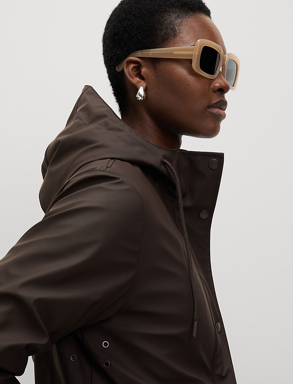 Rubber Hooded Funnel Neck Raincoat