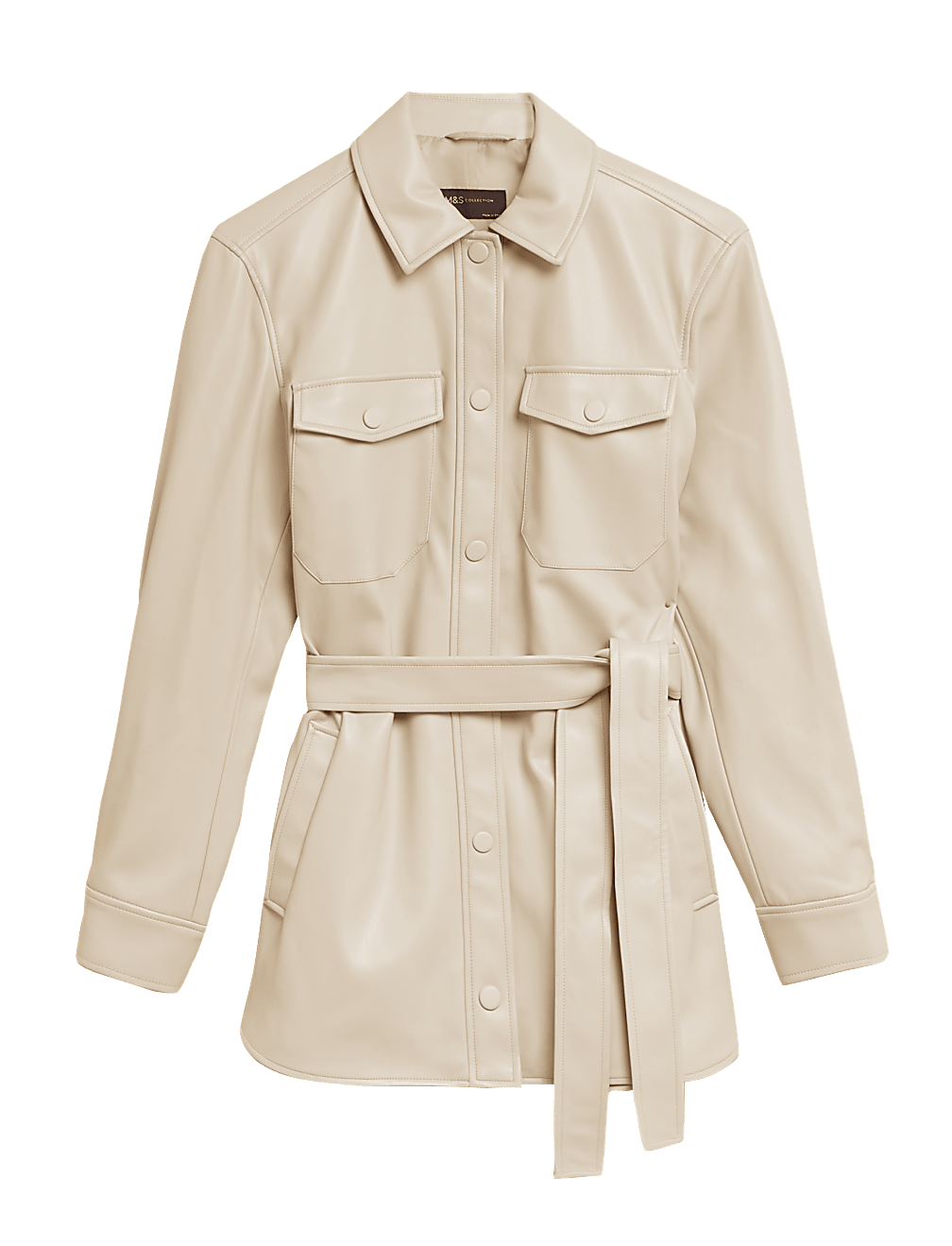 Faux Leather Belted Collared Shacket