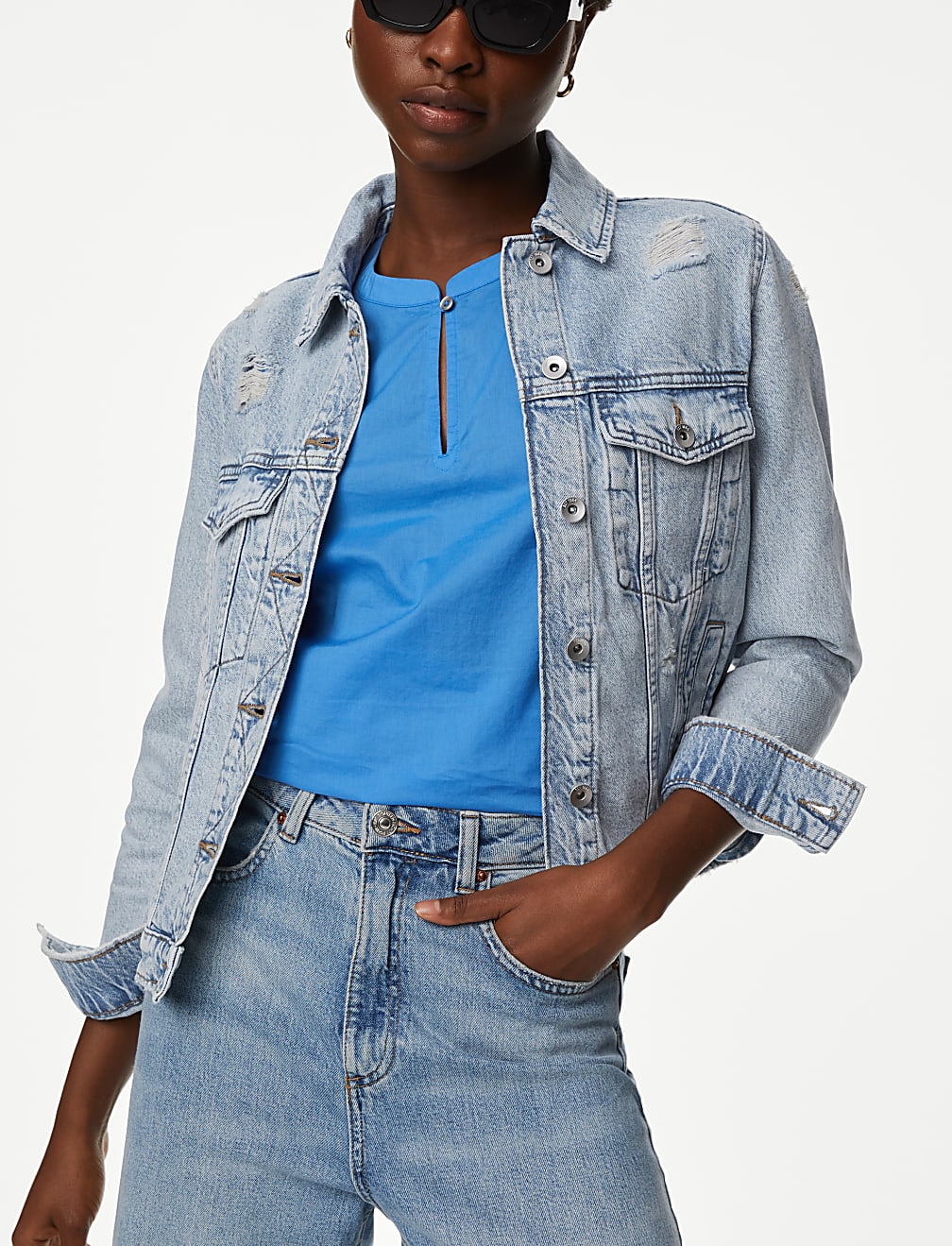 Denim Distressed Collared Jacket
