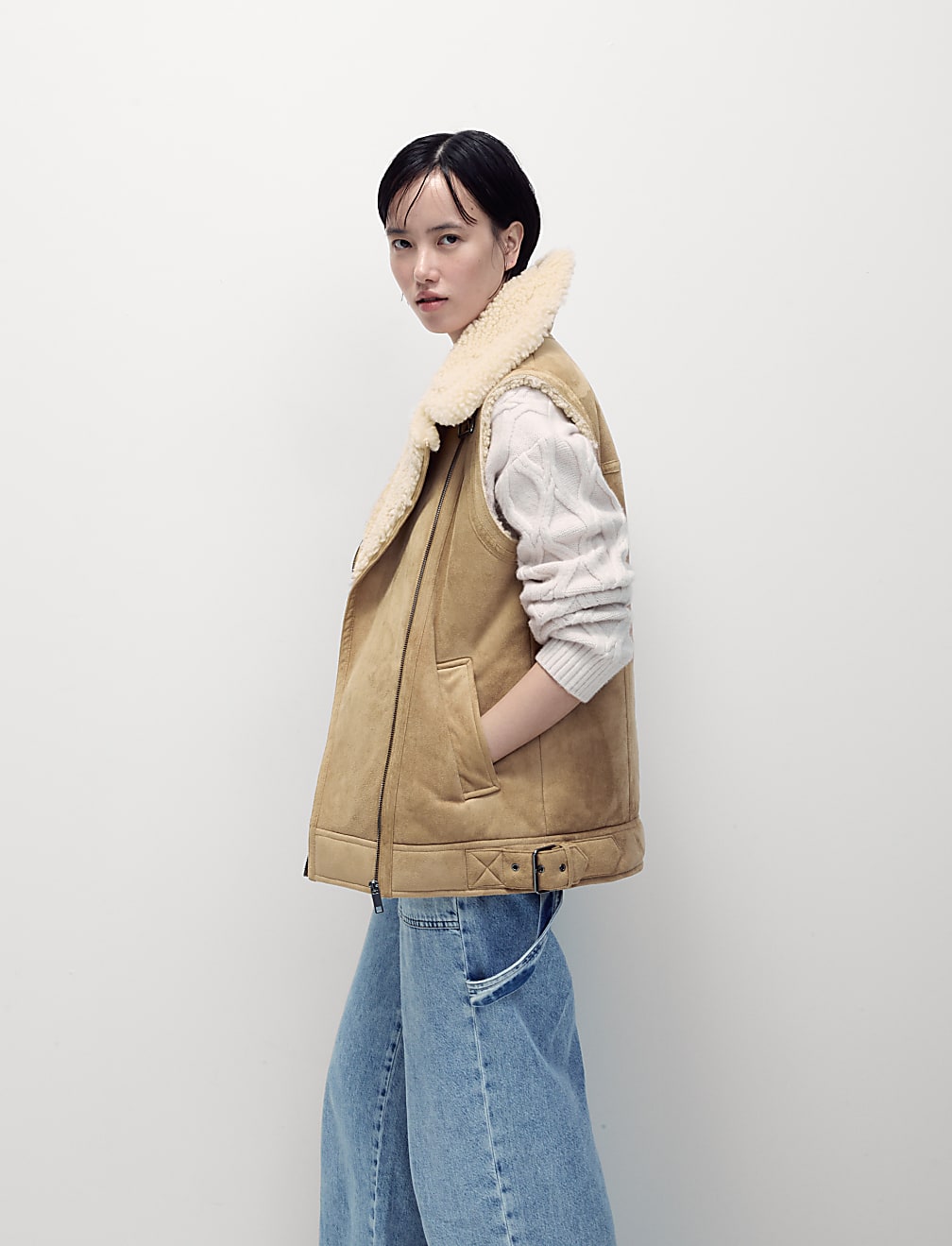 Suedette Shearling Textured Aviator Gilet