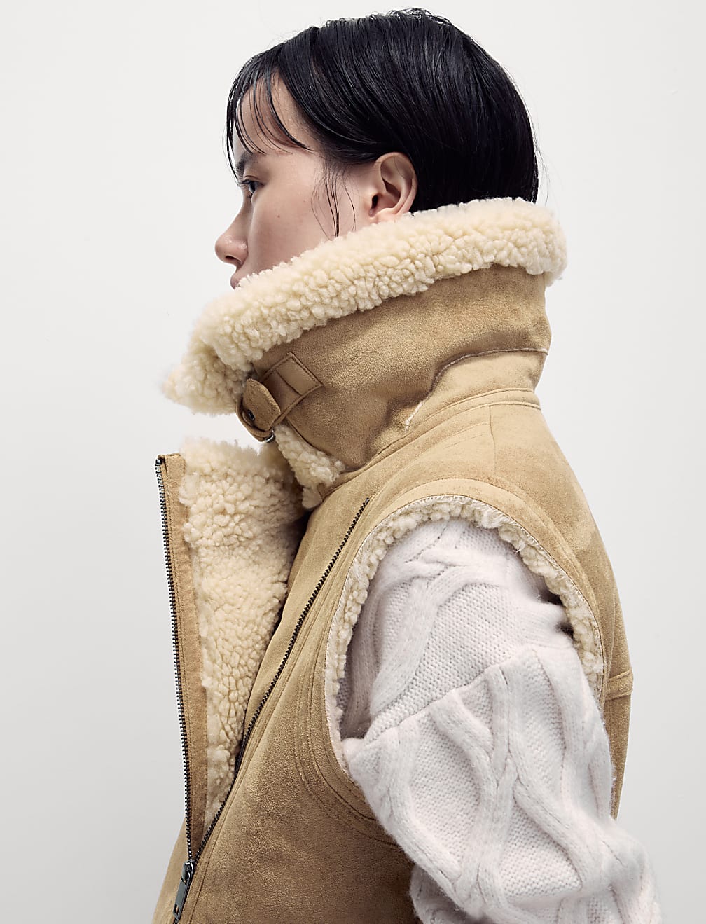 Suedette Shearling Textured Aviator Gilet