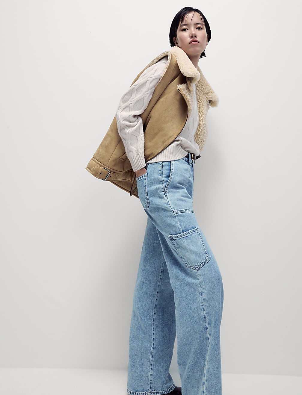 Suedette Shearling Textured Aviator Gilet