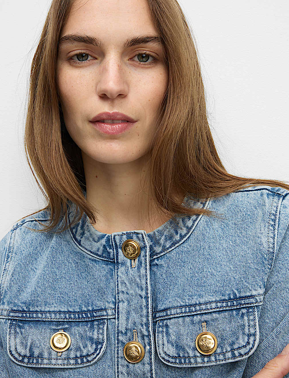 Denim Collarless Short Jacket