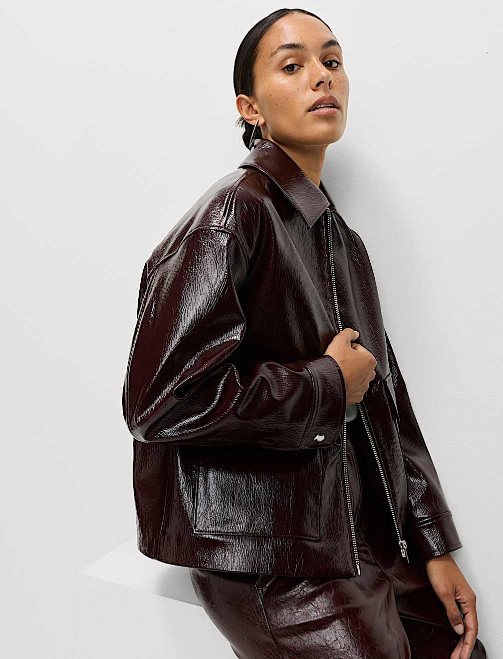 Faux Leather Lacquered Harrington Jacket