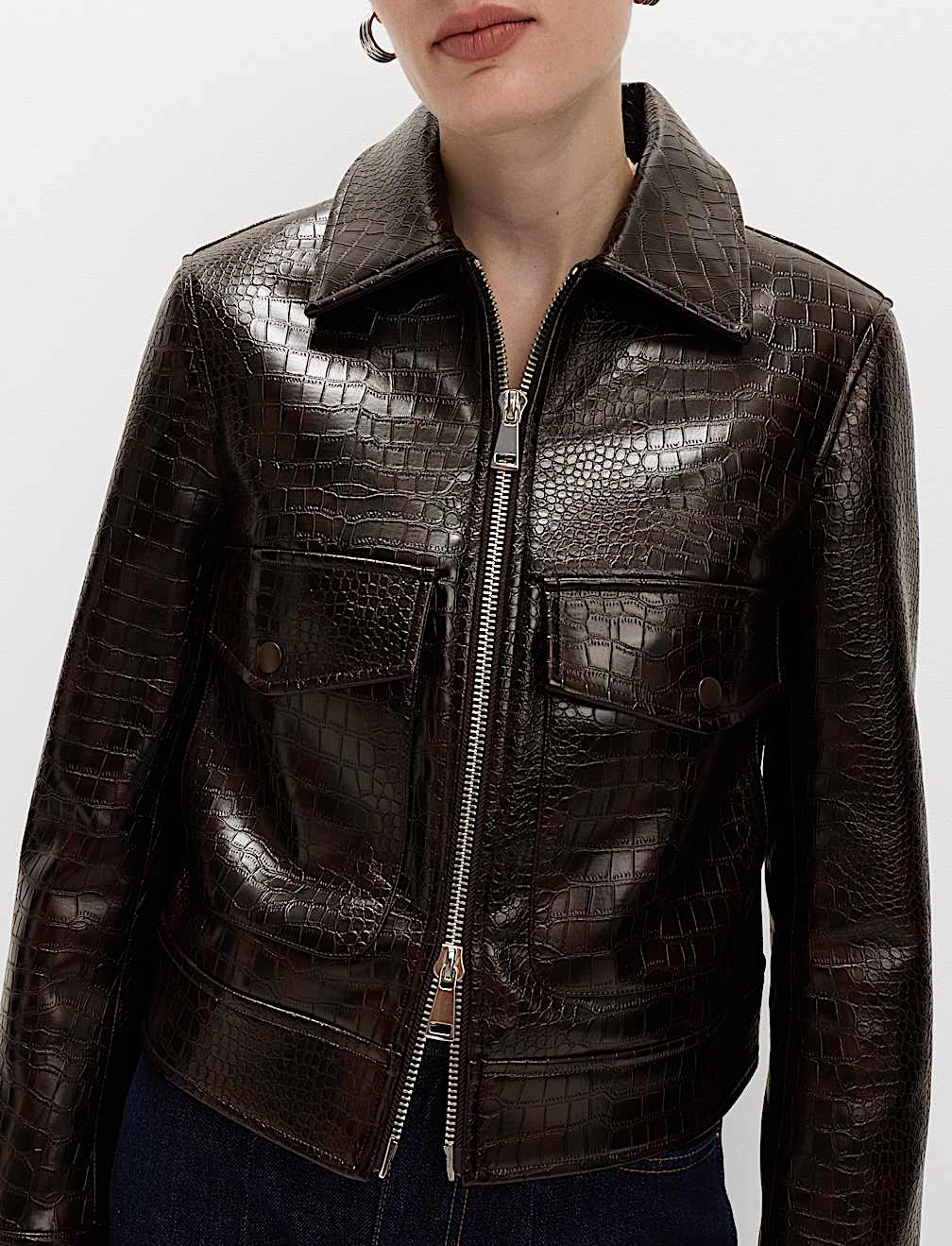 Faux Leather Croc Harrington Jacket