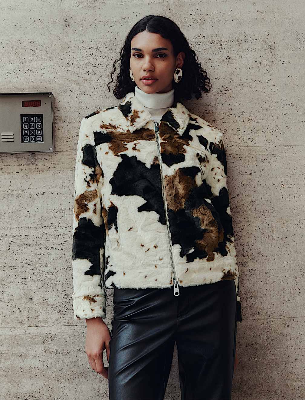 Faux Fur Cow Print Trucker Jacket