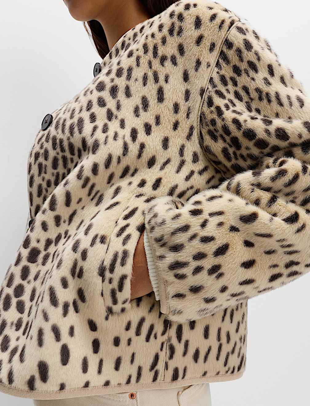 Faux Fur Animal Print Collarless Jacket