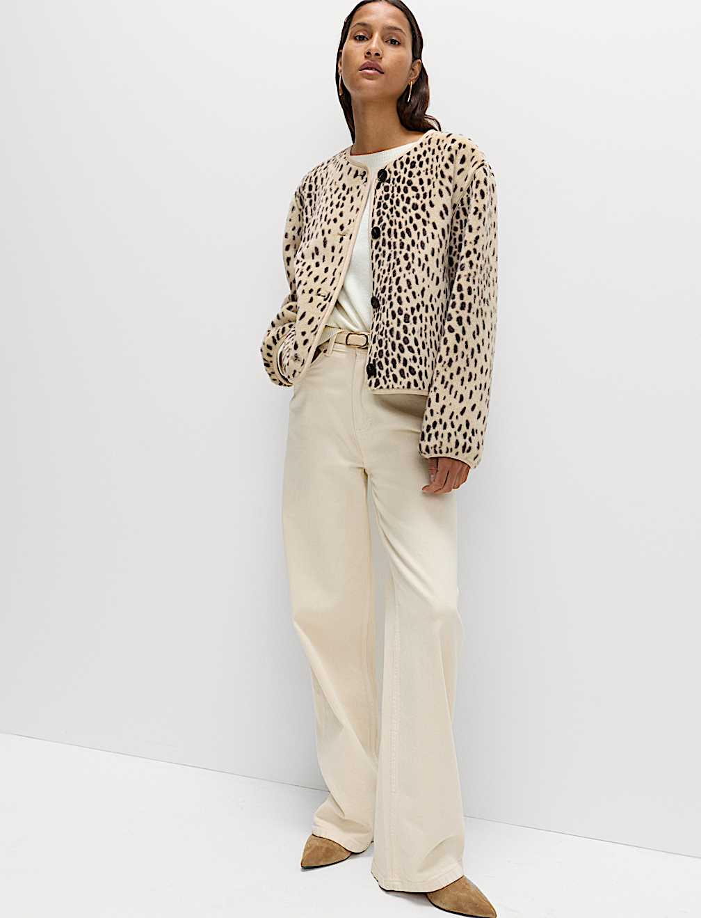 Faux Fur Animal Print Collarless Jacket