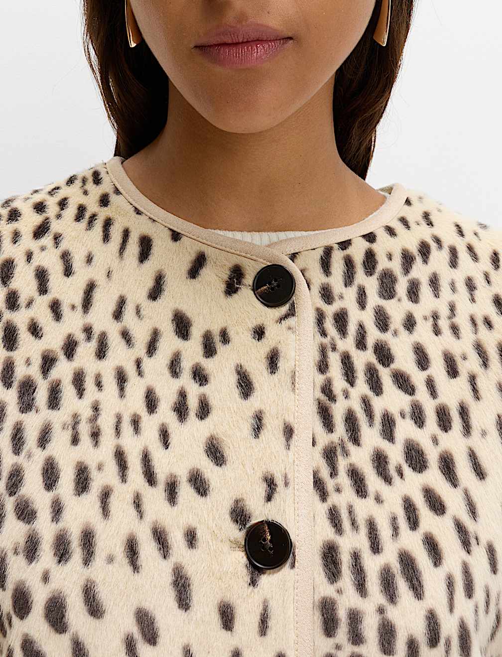 Faux Fur Animal Print Collarless Jacket