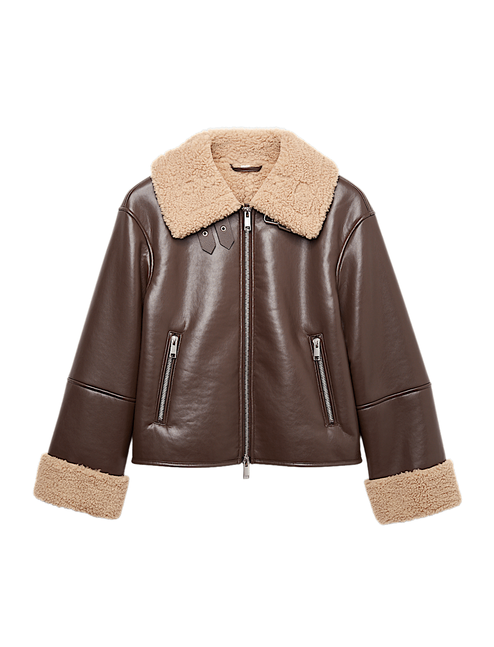 Faux Shearling Buckle Detail Aviator Jacket