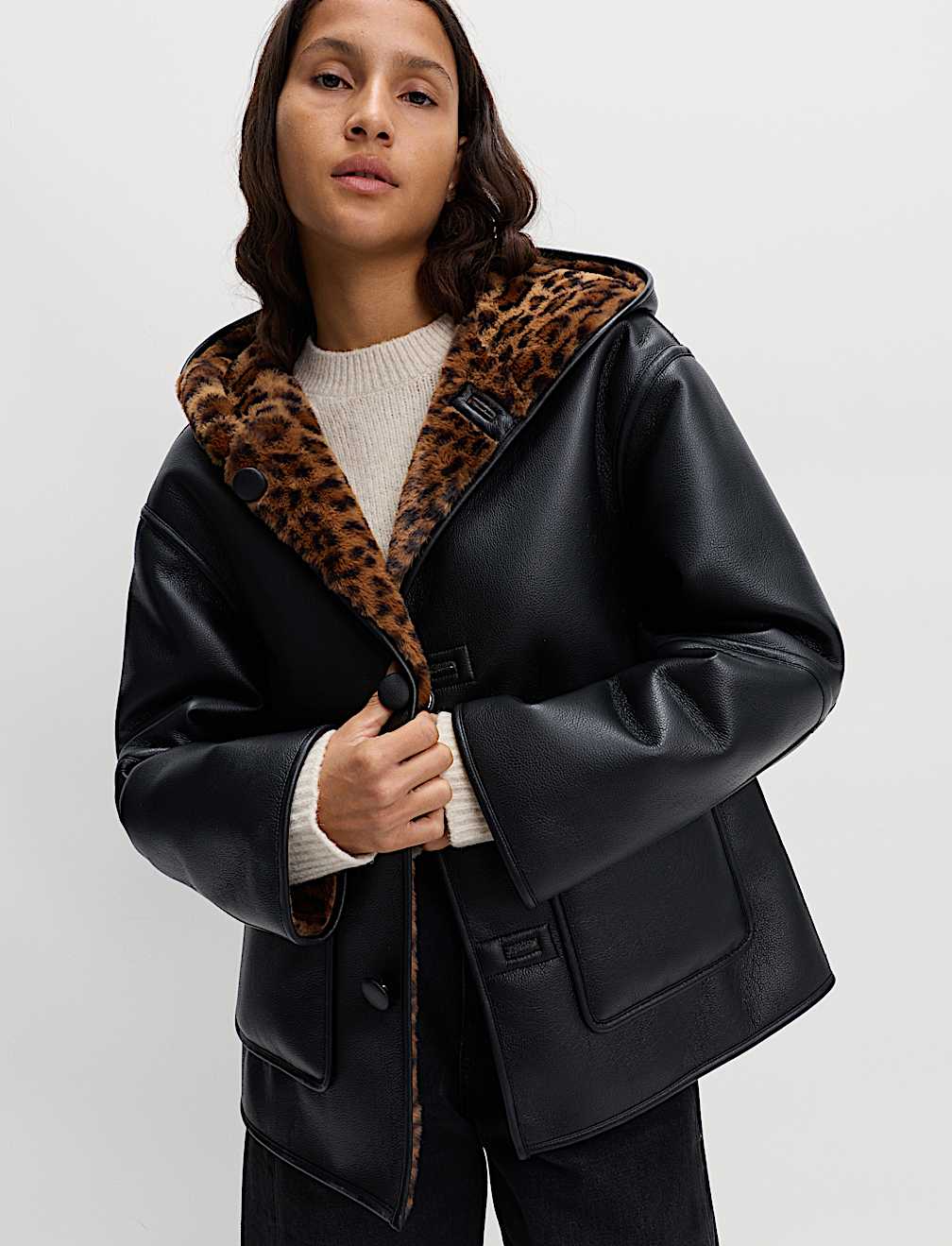 Faux Leather Animal Print Reversible Jacket