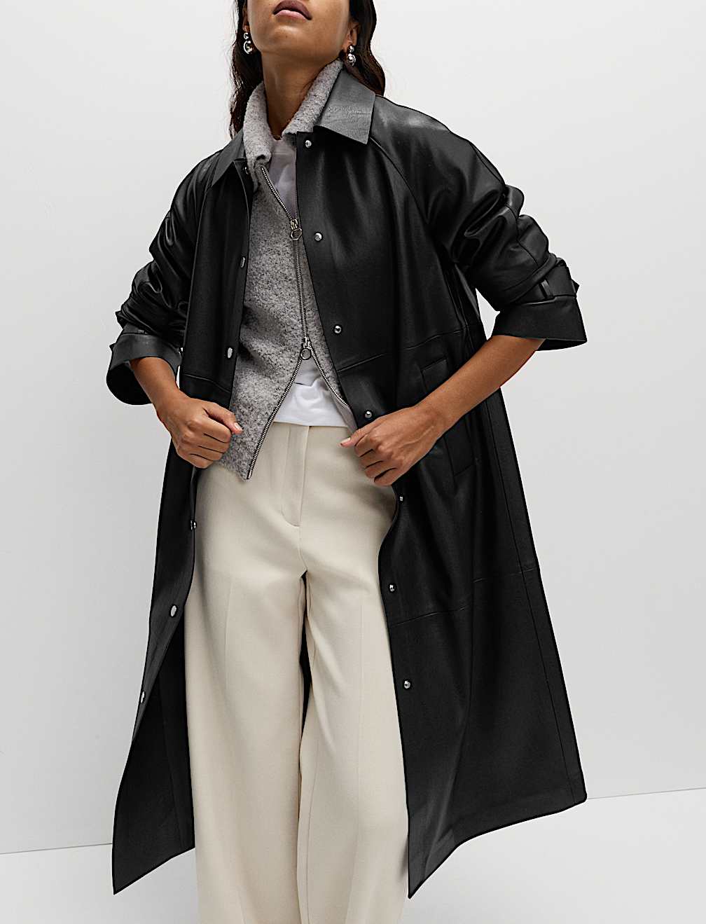 Faux Leather Collared Longline Car Coat