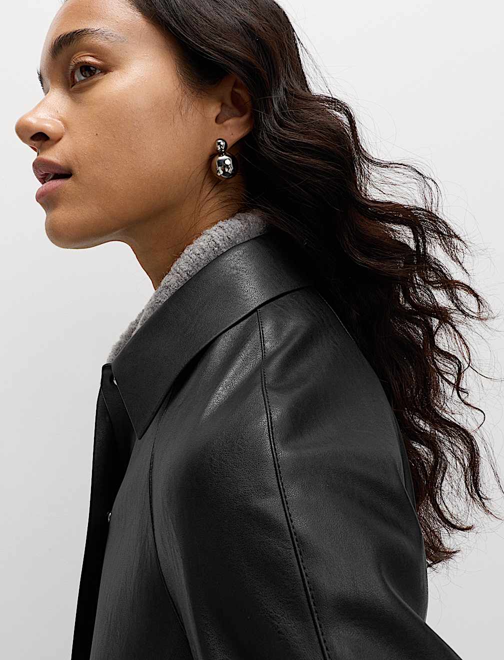 Faux Leather Collared Longline Car Coat