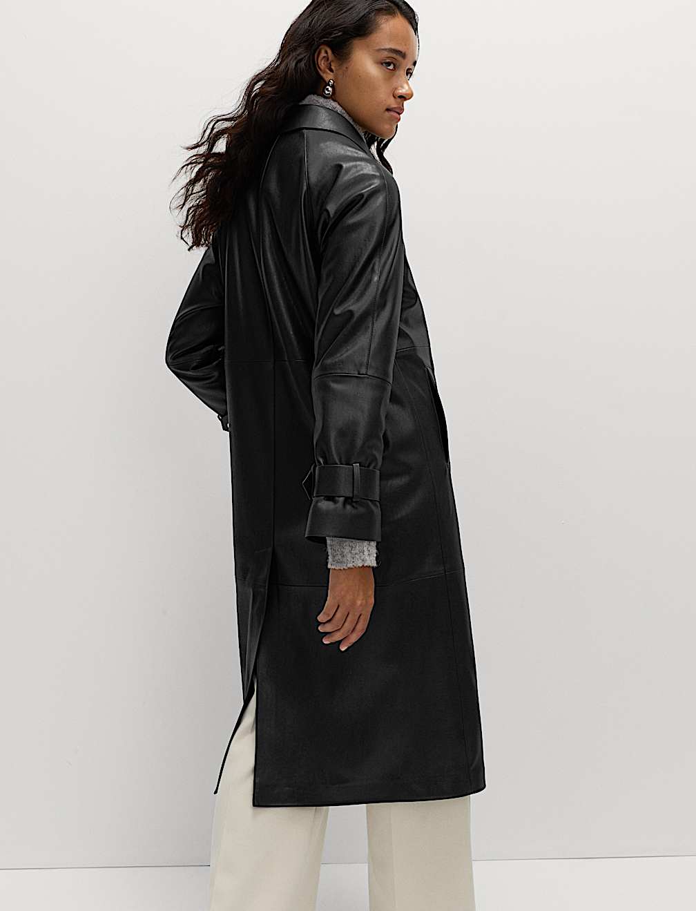 Faux Leather Collared Longline Car Coat
