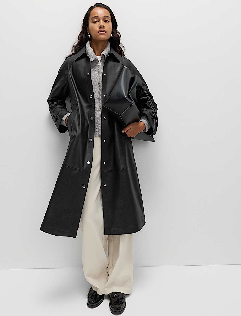 Faux Leather Collared Longline Car Coat
