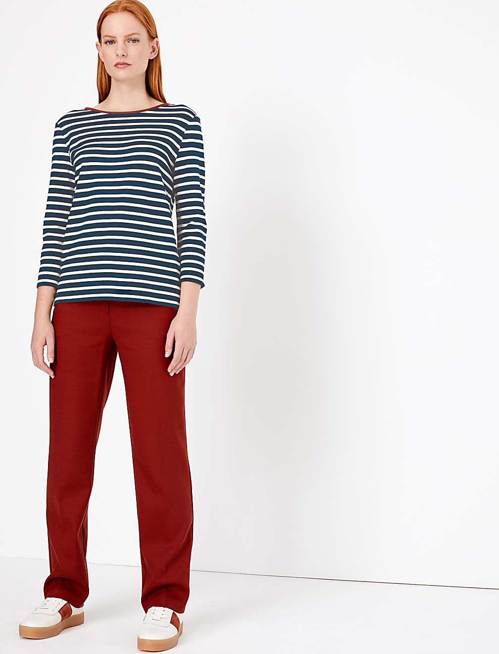 Ponte Striped Regular Fit 3/4 Sleeve Top