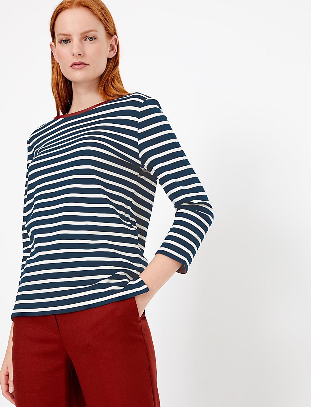Ponte Striped Regular Fit 3/4 Sleeve Top