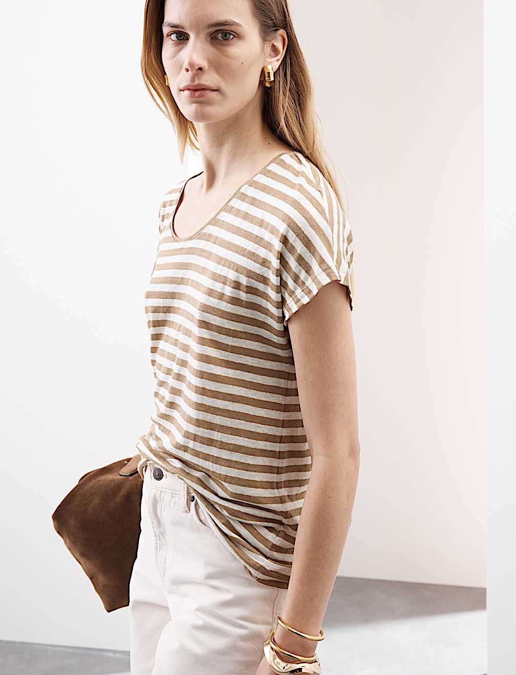 Pure Linen Striped Cap Sleeve T-shirt