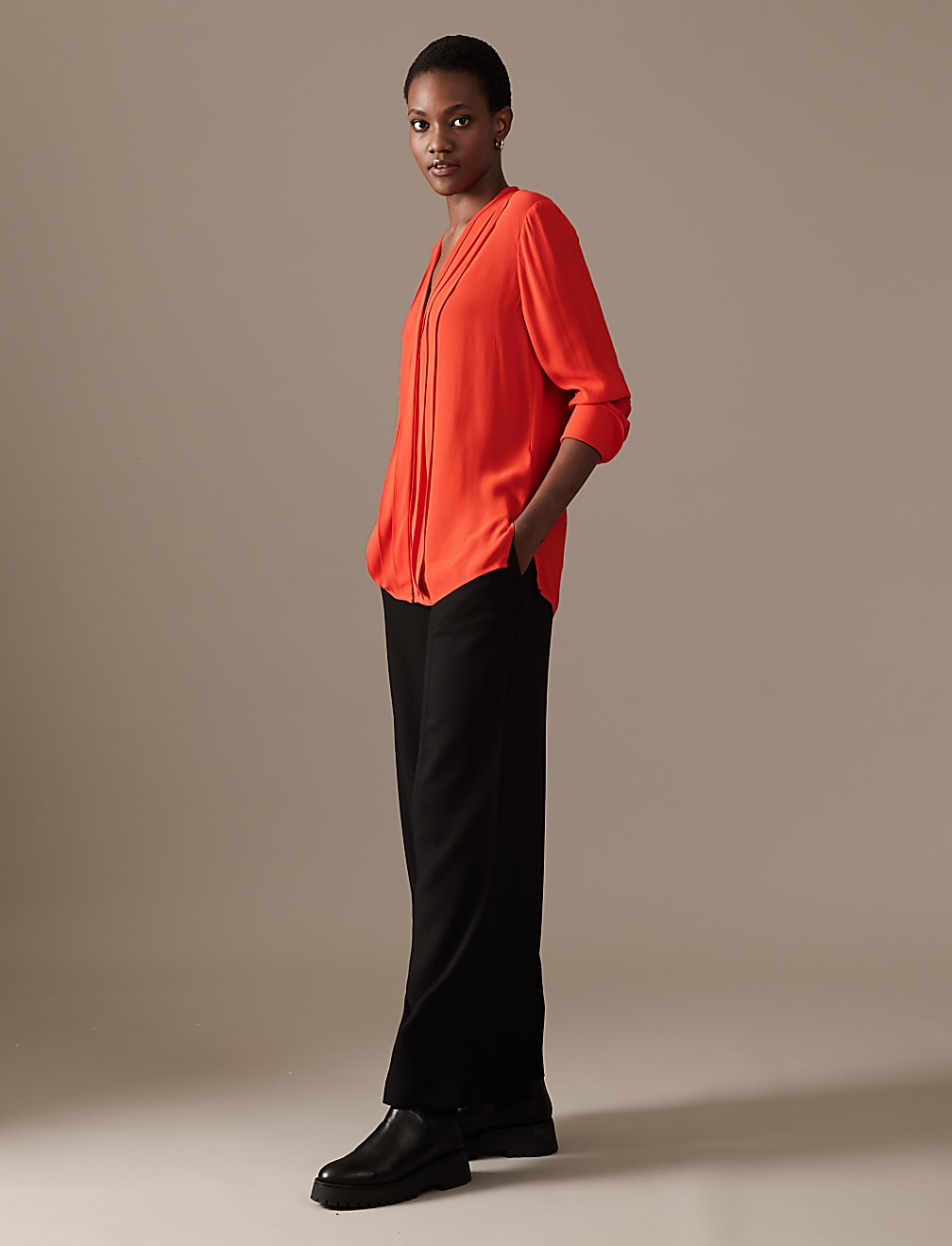 Pleated V-Neck Long Sleeve Blouse