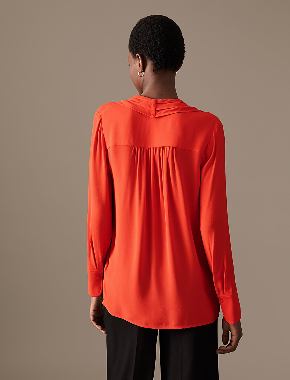 Pleated V-Neck Long Sleeve Blouse