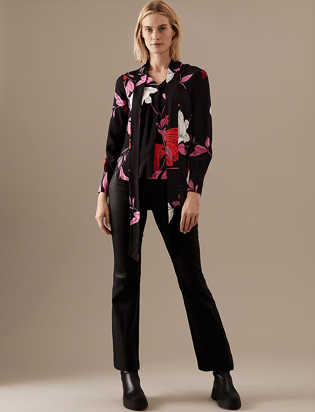 Floral Scarf Neck Long Sleeve Blouse