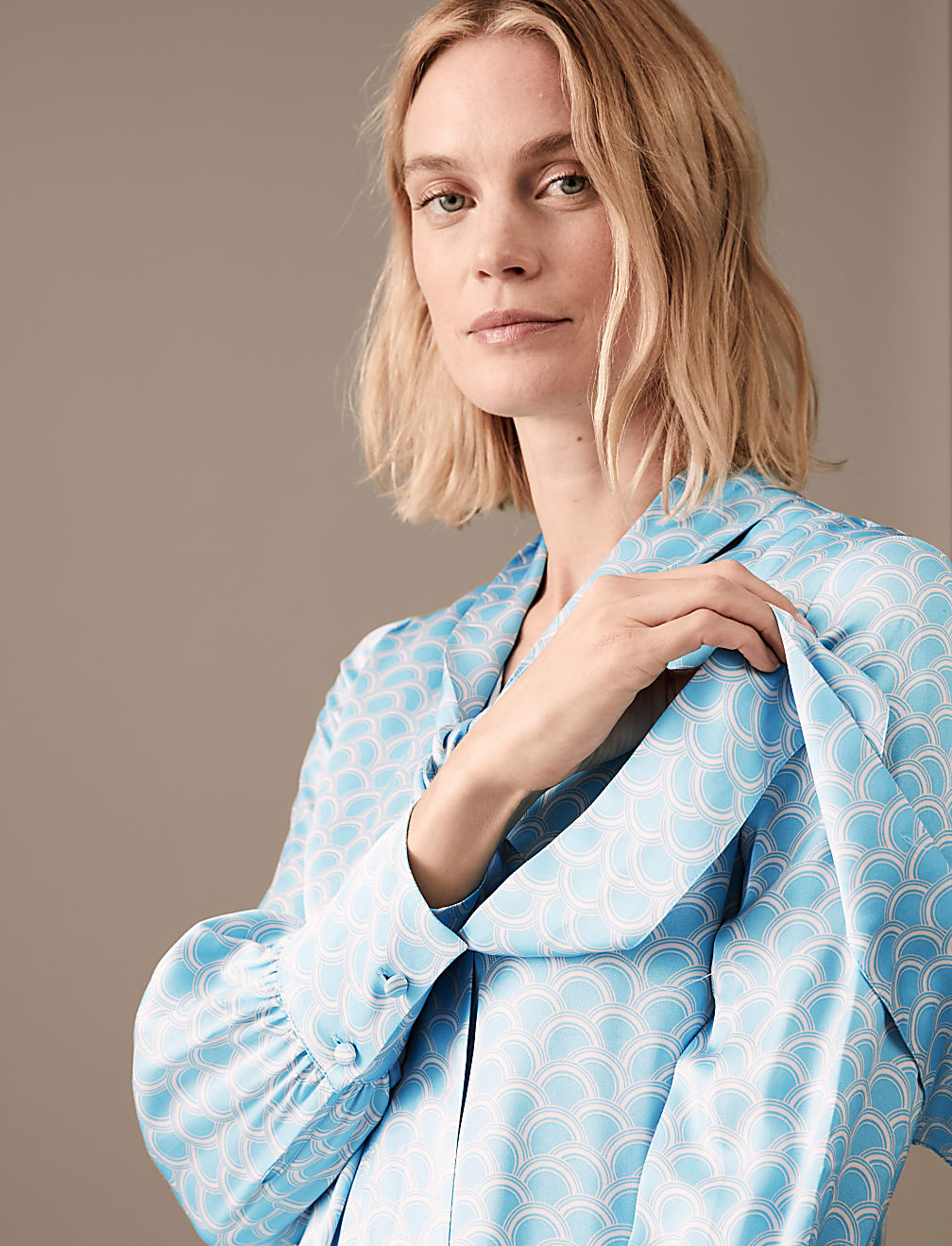 Satin Printed Scarf Neck Long Sleeve Blouse