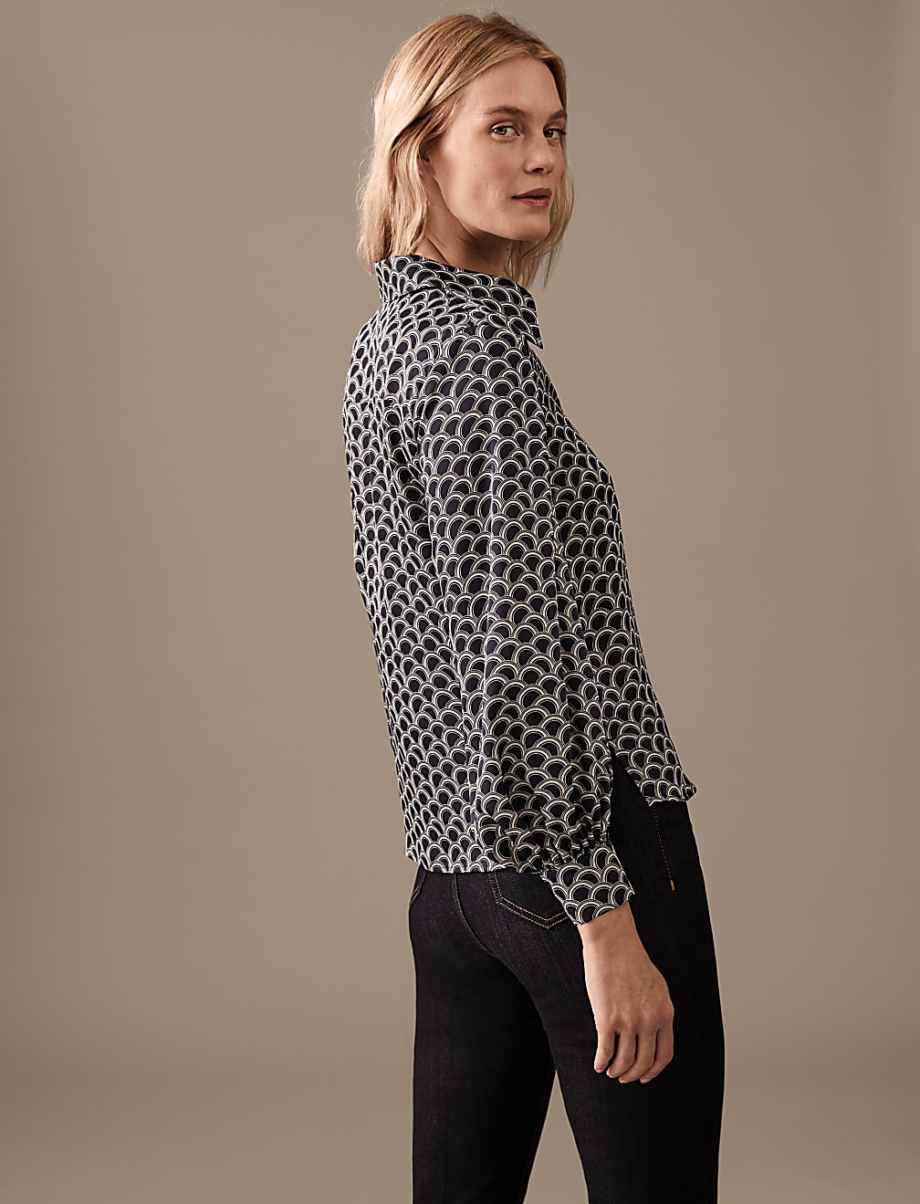 Satin Printed Collared Blouson Sleeve Shirt