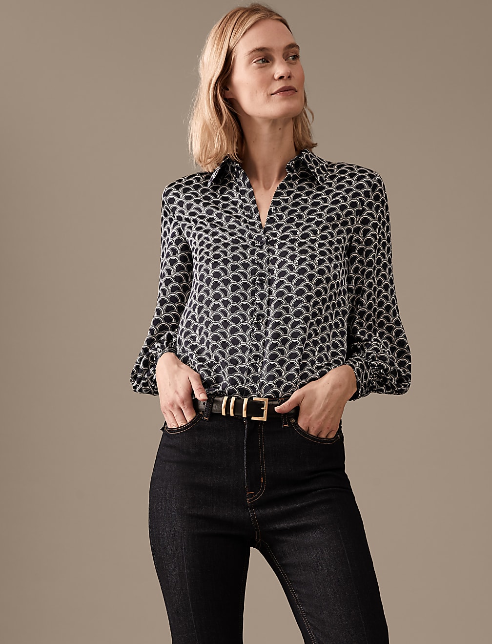Satin Printed Collared Blouson Sleeve Shirt