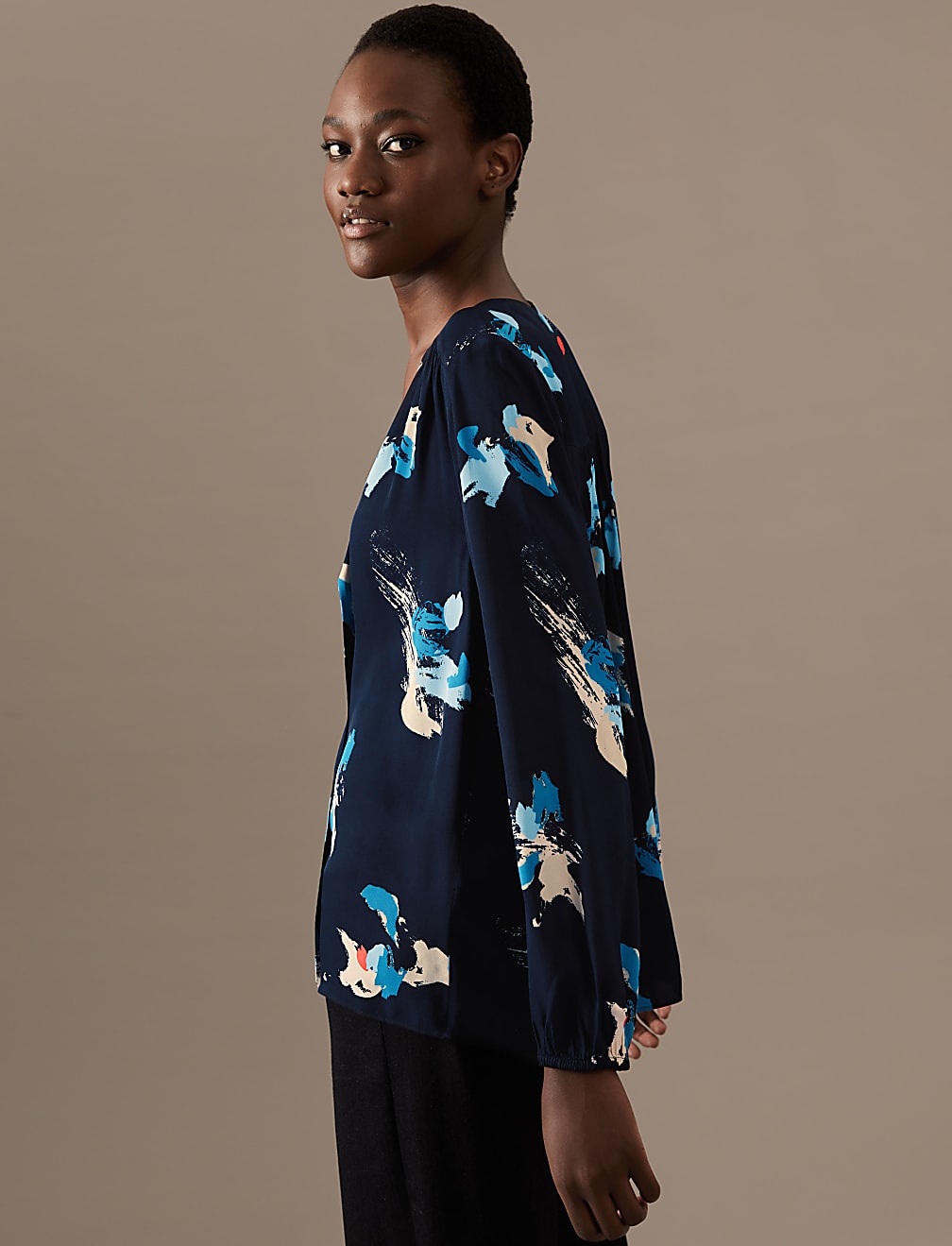 Printed Draped Long Sleeve Blouse