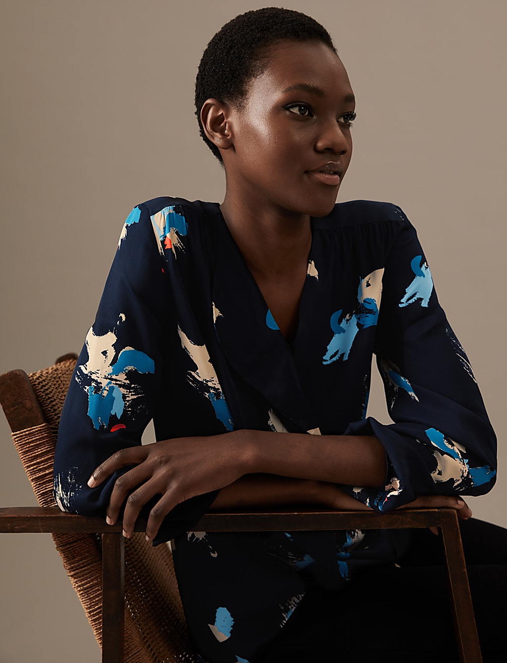 Printed Draped Long Sleeve Blouse