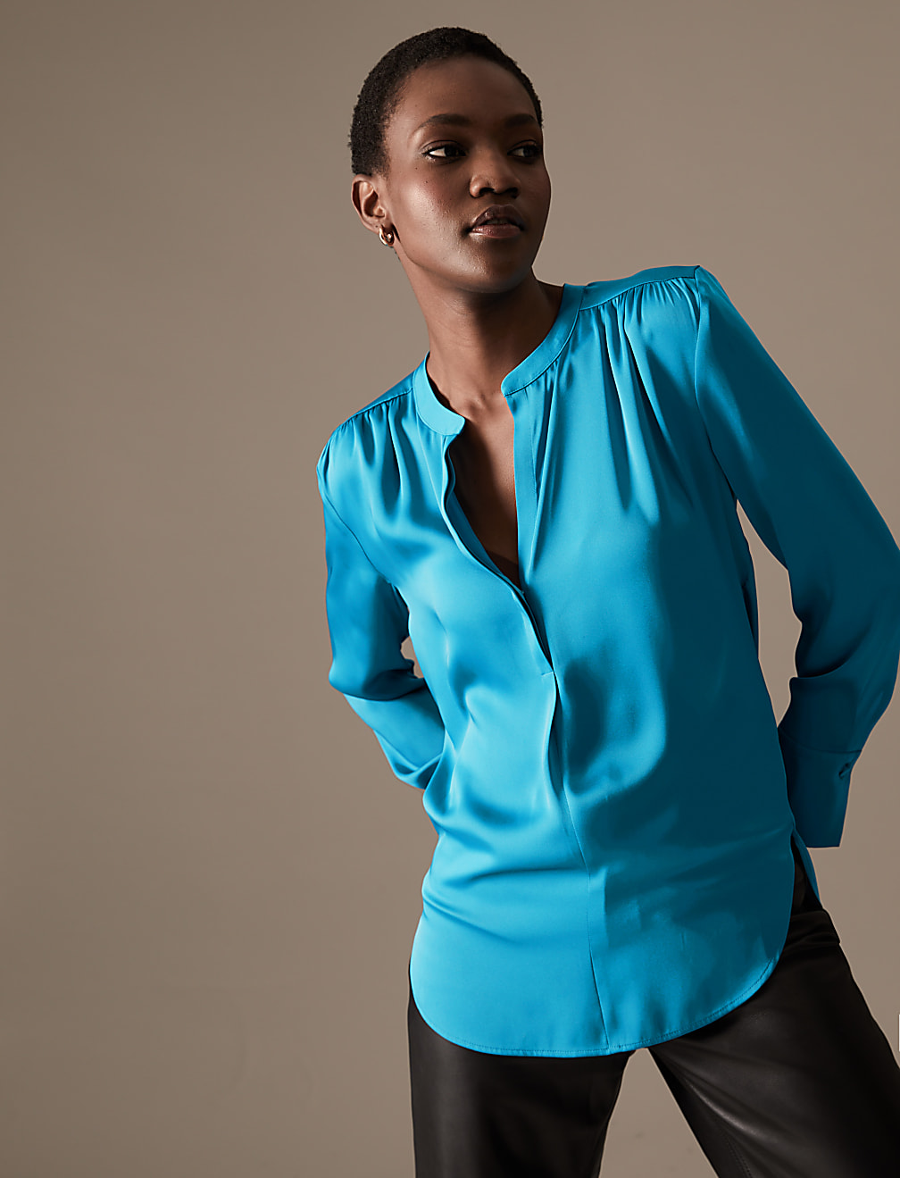 Satin Notch Neck Popover Blouse